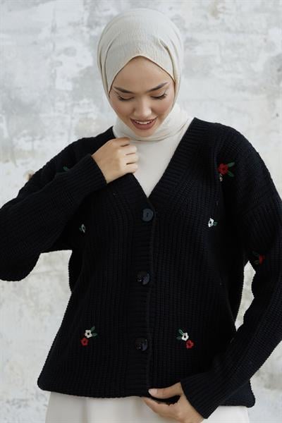 Helly Papatya İşlemeli Hırka - Siyah