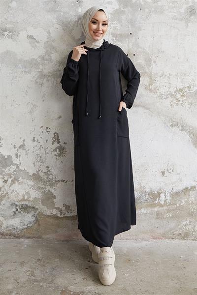 Helya Kapüşonlu Cepli Salaş Elbise - Siyah