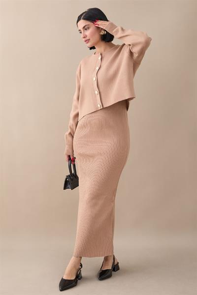 Hırkalı Fitilli İkili Bej Triko Takım