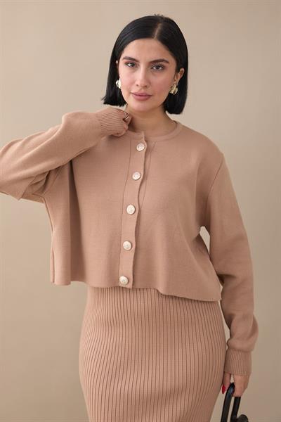 Hırkalı Fitilli İkili Bej Triko Takım