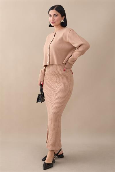 Hırkalı Fitilli İkili Bej Triko Takım