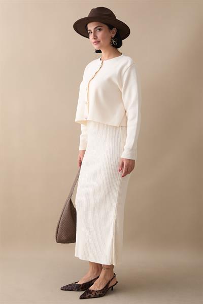 Hırkalı Fitilli İkili Beyaz Triko Takım
