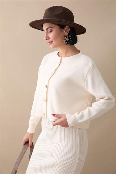 Hırkalı Fitilli İkili Beyaz Triko Takım