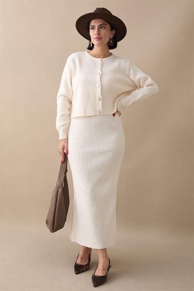 Hırkalı Fitilli İkili Beyaz Triko Takım