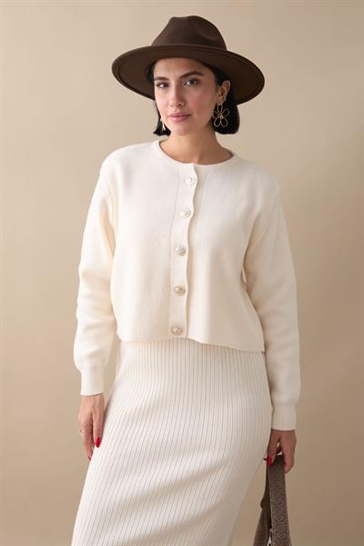 Hırkalı Fitilli İkili Beyaz Triko Takım