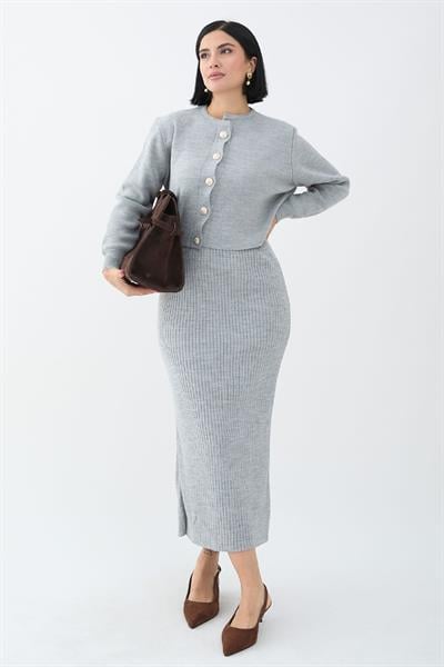Hırkalı Fitilli İkili Gri Triko Takım