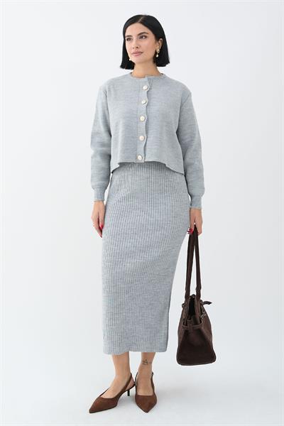 Hırkalı Fitilli İkili Gri Triko Takım