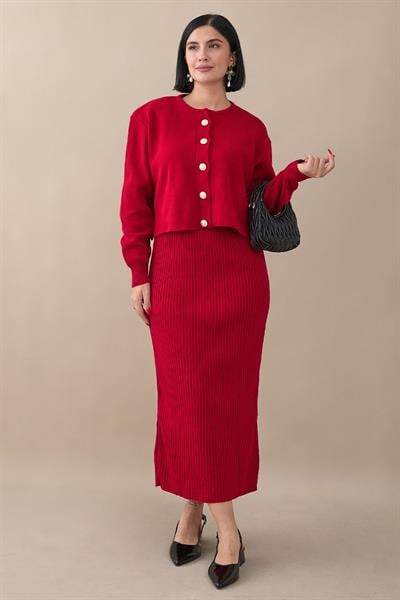 Hırkalı Fitilli İkili Kırmızı Triko Takım