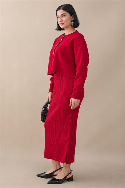 Hırkalı Fitilli İkili Kırmızı Triko Takım