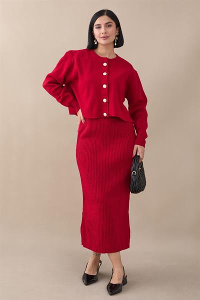 Hırkalı Fitilli İkili Kırmızı Triko Takım