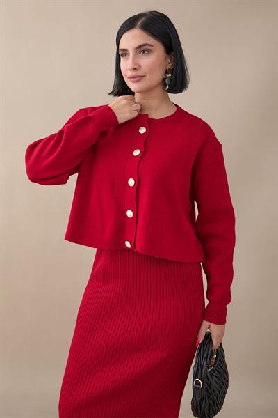 Hırkalı Fitilli İkili Kırmızı Triko Takım