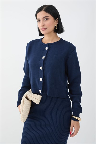 Cardigan Ribbed Two-Piece Navy Knit Set