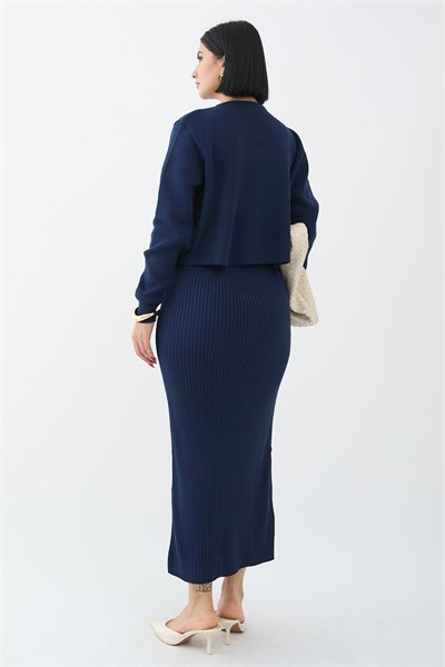 Cardigan Ribbed Two-Piece Navy Knit Set