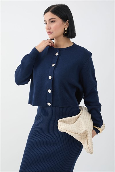 Cardigan Ribbed Two-Piece Navy Knit Set