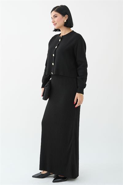 Hırkalı Fitilli İkili Siyah Triko Takım