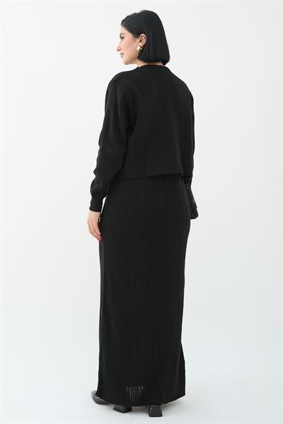 Hırkalı Fitilli İkili Siyah Triko Takım