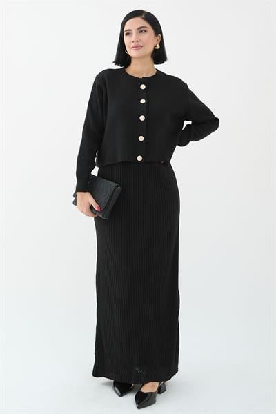 Hırkalı Fitilli İkili Siyah Triko Takım