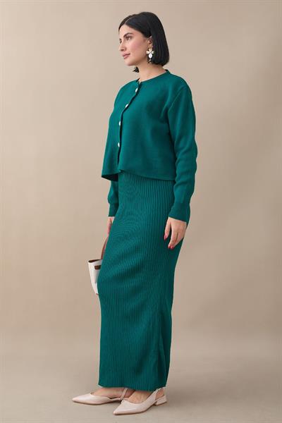 Hırkalı Fitilli İkili Zümrüt Yeşili Triko Takım