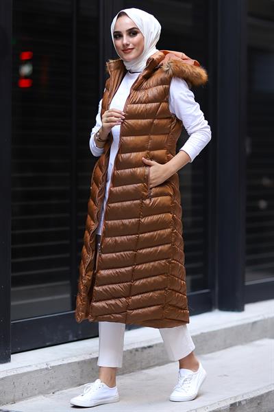Içi Dolgu Uzun Yelek - Bronz
