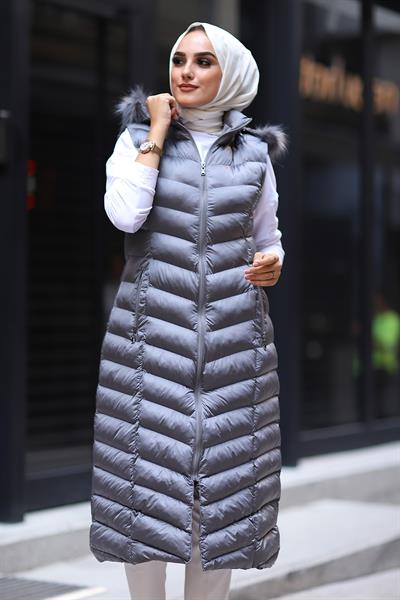 Içi Dolgu Uzun Yelek - Gri