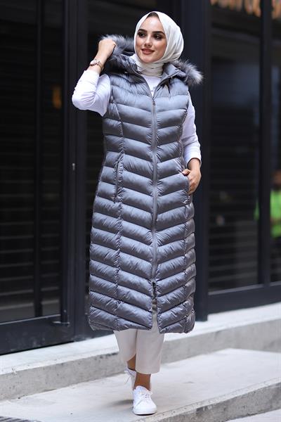 Içi Dolgu Uzun Yelek - Gri