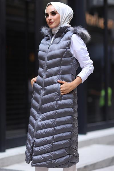 Içi Dolgu Uzun Yelek - Gri