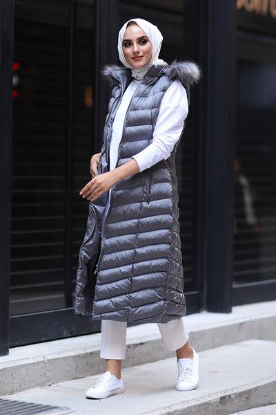 Içi Dolgu Uzun Yelek - Gri