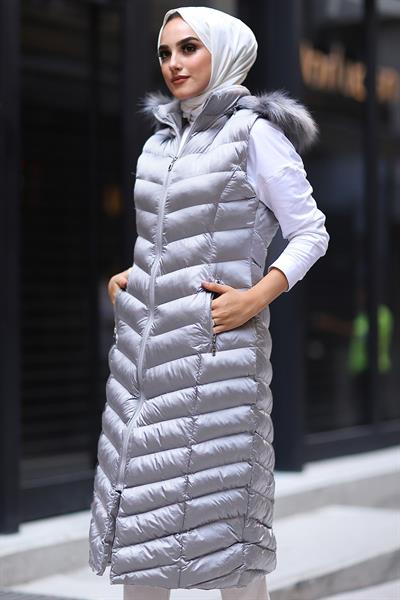 Içi Dolgu Uzun Yelek - Gümüş