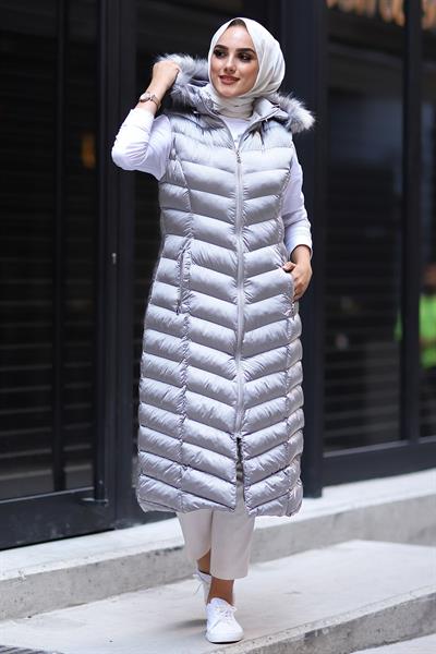 Içi Dolgu Uzun Yelek - Gümüş