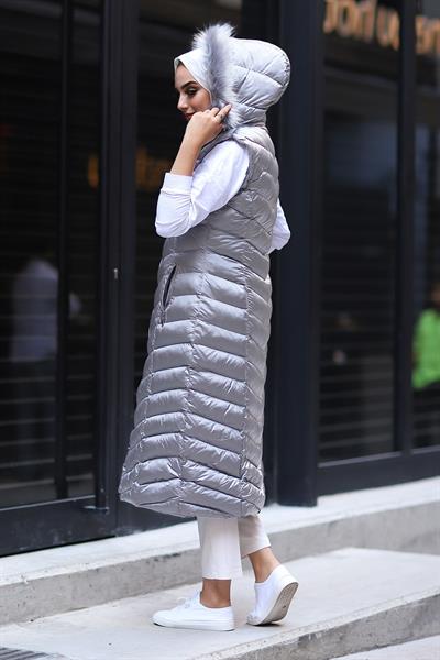 Içi Dolgu Uzun Yelek - Gümüş