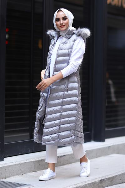 Içi Dolgu Uzun Yelek - Gümüş