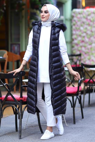 Içi Dolgu Uzun Yelek - Siyah