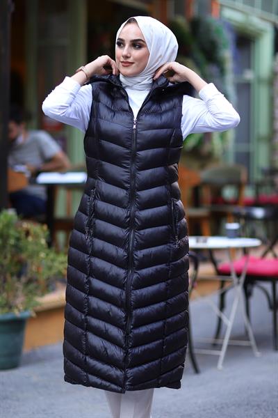Içi Dolgu Uzun Yelek - Siyah