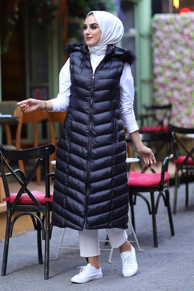 Içi Dolgu Uzun Yelek - Siyah