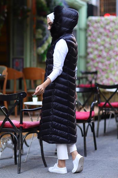 Içi Dolgu Uzun Yelek - Siyah