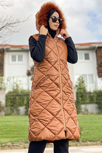 İçi Dolumlu Baklava Desen Şişme Yelek - Taba