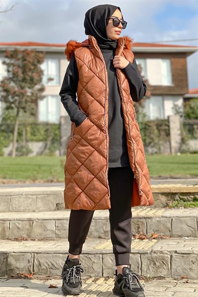 İçi Dolumlu Baklava Desen Şişme Yelek - Taba