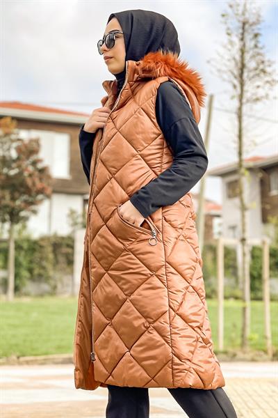 İçi Dolumlu Baklava Desen Şişme Yelek - Taba