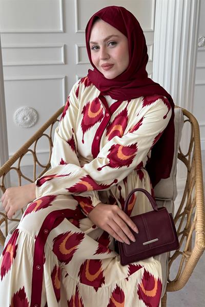 İkat Desen Bordo Viskon Elbise