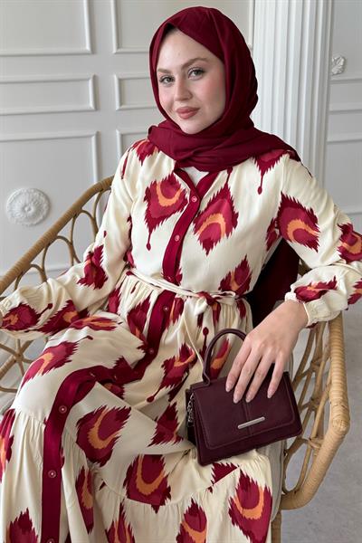 İkat Desen Bordo Viskon Elbise