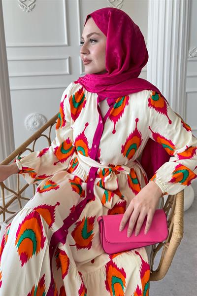 İkat Desen Fuşya Viskon Elbise