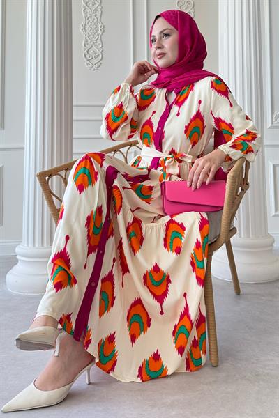 İkat Desen Fuşya Viskon Elbise