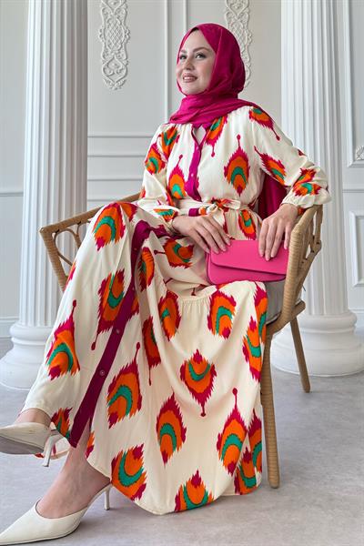İkat Desen Fuşya Viskon Elbise