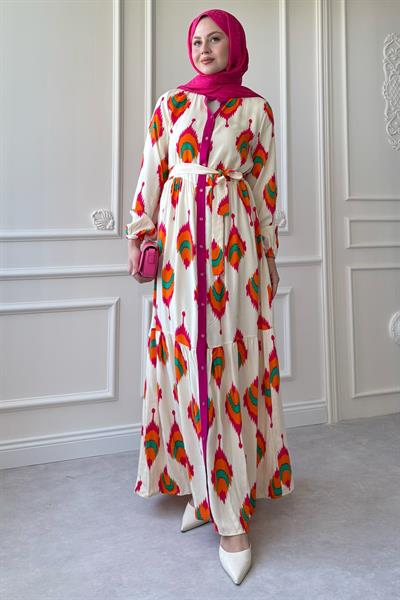 İkat Desen Fuşya Viskon Elbise