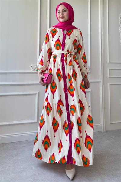 İkat Desen Fuşya Viskon Elbise