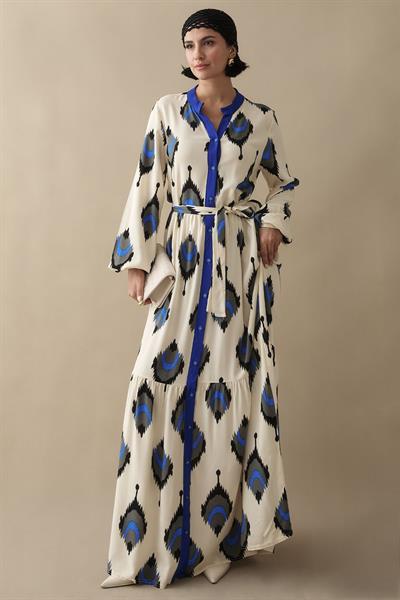 İkat Desen Lacivert Viskon Elbise