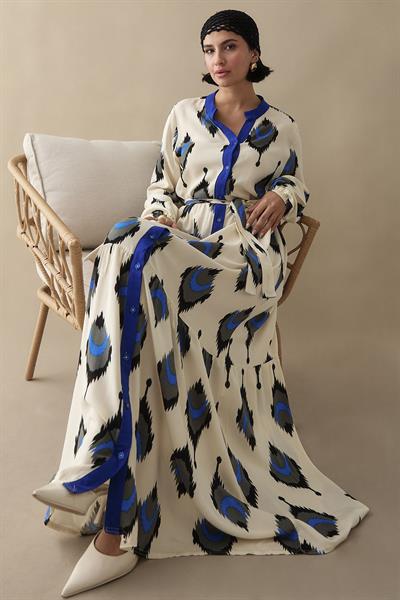 İkat Desen Lacivert Viskon Elbise