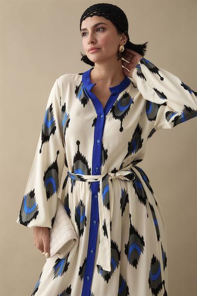 İkat Desen Lacivert Viskon Elbise