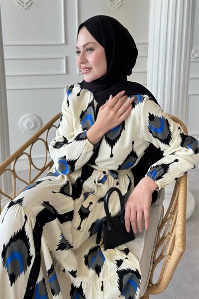 İkat Desen Siyah Viskon Elbise