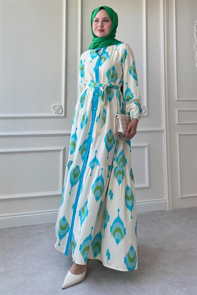 İkat Desen Turkuaz Viskon Elbise